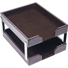 Dacasso Bonded Leather Double Letter Trays Desktop - Dark Brown - Bonded Leather, Velveteen - 1 Each