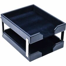 Dacasso Bonded Leather Double Letter Trays Desktop - Navy Blue - Bonded Leather, Velveteen - 1 Each