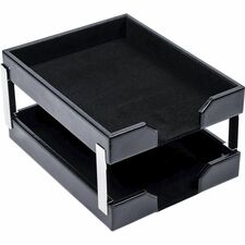 Dacasso Bonded Leather Double Letter Trays Desktop - Black - Bonded Leather, Velveteen - 1 Each