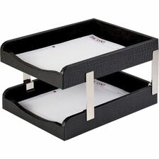 Dacasso Crocodile Embossed Black Leather Double Letter Trays Desktop - Black - Leather, Velveteen - 1 Each