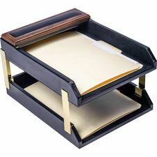 Dacasso Walnut & Leather Double Letter Trays Desktop - Black - Top Grain Leather, Walnut, Velveteen - 1 Each