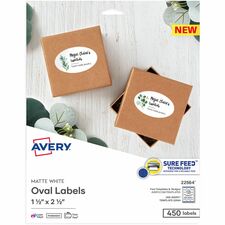 Avery® Matte White Sure Feed Labels 1 1/2" Height x 2 1/2" Width - Permanent Adhesive - Oval - Laser, Inkjet - White - Paper - 18 / Sheet - 25 Total Sheets - 450 Total Label(s) - 450 / Pack