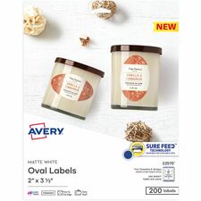 Avery® Matte White Sure Feed Labels 2" Width x 3 21/64" Length - Permanent Adhesive - Oval - Laser, Inkjet - White - Paper - 8 / Sheet - 25 Total Sheets - 200 Total Label(s) - 200 / Pack