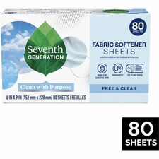 Seventh Generation Free & Clear Fabric Softener Sheets 9" Length x 6.40" Width - Bio-based, Hypoallergenic, Fragrance-free, Unscented, Dye-free, Gluten-free, Phosphate-free - White - 80 / Box