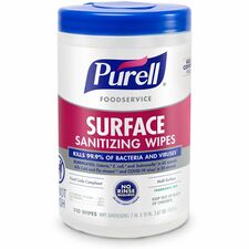 PURELL® Foodservice Surface Sanitizing Wipes Ready-To-Use - 10" Length x 7" Width - Rinse-free, Fragrance-free, Durable - 110/Tub - 1 Each
