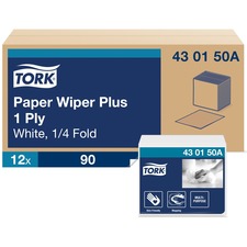 TORK Paper Wiper Plus White Self Dispensing 1 Ply - Quarter-fold - 12.50" Width x 13" Length - White - Paper - 90/Pack - 12 / Carton