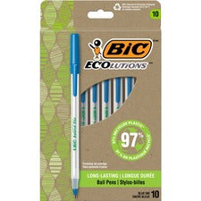 BIC Ecolutions Round Stic Ball Point Pen 1 mm Medium Pen Point - Blue Ink - Semi-transparent Barrel - 10 / Pack