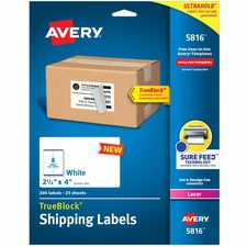 Avery® Printable Shipping Labels, 2.5" x 4" , 200 Labels (5816) 2 1/2" Width x 4" Length - Permanent Adhesive - Rectangle - Laser - White - Paper - Permanent Adhesive, Smudge-free, Jam-free, Smudge Resistant, Stick & Stay - 8 / Sheet - 25 Total Sheets