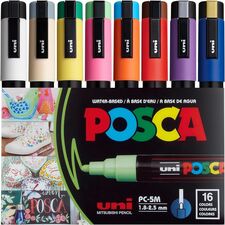 uniball™ Posca PC-5M Paint Markers Medium, Bullet Marker Point - Beige, Black, Blue, Brown, Gold, Green, Gray, Light Blue, Light Green, Orange, Pink, ... Ink - Water Based, Pigment-based - 16 / Pack