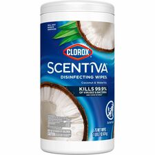 Clorox Scentiva Wipes, Bleach Free Cleaning Wipes Ready-To-Use - Coconut & Water Lily Scent - Bleach-free, Disinfectant, Deodorize - White - 75/Tub - 1 Each