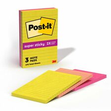 Post-it® Super Sticky Multi-Pack Notes - Summer Joy Color Collection 4" Flag/Note Width x 6" Flag/Note Length - Rectangle - 90 Sheets per Pad - Citron, Papaya Fizz, Power Pink, Washed Denim, Fresh Mint - Sticky, Recyclable - 3 / Pack