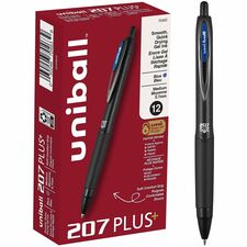 uniball™ 207 Plus+ Gel Pen 0.7 mm Medium Conical Pen Point - Refillable - Retractable - Blue Ink - Gel-based, Nanofiber Ink - Black Metal Barrel - 1 Dozen