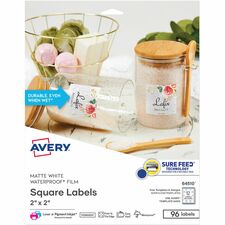 Avery® Durable Waterproof Labels, 2" x 2" Square, 96 Total Waterproof - x 2" Width x 2" Length - Full Sheet - Permanent Adhesive - Square - Inkjet, Laser - Matte White - Matte - Film - Water Resistant - Self-adhesive, Oil Resistant, Easy Peel, Pop Up
