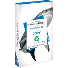 Hammermill Great White Recycled Copy Paper - White 92 Brightness - Legal - 8 1/2" x 14" - 20 lb Basis Weight - Acid-free, Moisture Resistant, Archival-safe, Jam-free - White - 500 Sheets per Ream - 300 / Pallet