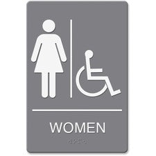 Headline Signs ADA WOMEN Wheelchair Restroom Sign Print/Message "women's restroom/wheelchair accessible" - Double Sided - Adhesive, Braille - Plastic - White, Gray - 1 Each