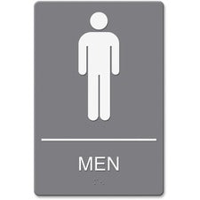 Headline Signs ADA MEN Restroom Sign Print/Message "Men" - 6" Width x 9" Depth - Double Sided - Adhesive, Braille - Plastic - White, Gray - 1 Each