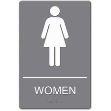 Headline Signs ADA WOMEN Restroom Sign Print/Message "Women" - 6" Width x 9" Depth - Double Sided - Adhesive, Braille - Plastic - Gray - 1 Each