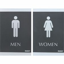 Headline Signs ADA MEN/WOMEN Restroom Sign Print/Message "Men" , "Women" - 6" Width x 9" Depth - Rectangular Shape - Silver Print/Message Color - Adhesive Backing, Durable, Pictogram, Self-adhesive, Braille - Plastic - Black, Gray - 2 / Set
