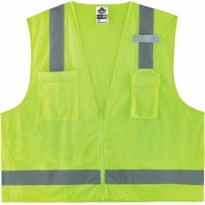 Ergodyne GloWear 8249Z Hi-Vis Surveyors Vest Recommended for: Baggage Handling, Construction - X-Large - Zipper Closure - 4 Pocket(s) - Polyester, Polyester Mesh - Lime - High Visibility, Lightweight, Breathable, Interior Pocket, Cell Phone Pocket, Mic Ta