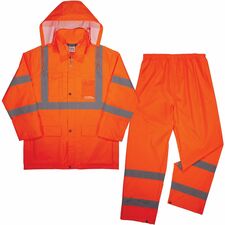 Ergodyne GloWear 8376K Hi-Vis Rain Suit Kits Medium - 51" Chest - Rain Protection - Snap/Zipper Closure - 3 Pocket(s) - Polyester Mesh - Orange - Lightweight, High Visibility, Water Proof, Taped Seam, Badge Holder, Cell Phone Pocket, Storm Flap, Machine W