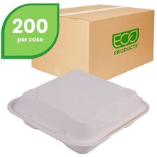 Eco-Products Hinged Clamshell Containers Storing - Disposable - Microwave Safe - White - Sugarcane Body - 200 / Carton