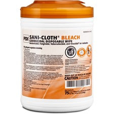 PDI Sani-Cloth Bleach Germicidal Wipes 10.50" Length x 6" Width - Disposable, Presaturated, Pre-moistened, Fungicide - White - 75/Tub - 12 / Carton