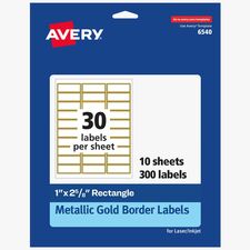 Avery® Permanent Address Labels 1" Width x 2 5/8" Length - Permanent Adhesive - Rectangle - Inkjet, Laser - Matte - White - Metallic Gold Border - Paper - Permanent Adhesive, Curl Resistant, Stick & Stay, Pop Up Edge, Tear Proof, Pre-printed, Easy Pee