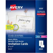 Avery® Invitation Cards with Metallic Gold Borders 5" Width x 7" Length - Rectangle - Inkjet, Laser - Matte - White - Gold Border - Paper - Chlorine-free, Perforated, PVC-free - 15 / Sheet - 2 Total Sheets - 30 / Pack