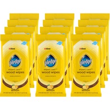 Pledge Lemon Enhancing Polish Wipes Lemon Scent - 10" Length x 7" Width - Pre-moistened, Wax-free - Yellow - 24/Pack - 12 / Carton