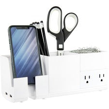 Bostitch Konnect Desk Organizer with Power Station Desktop - Stackable, USB Hub, Cable Management, Storage Tray, Rubber Feet, Non-slip Feet - White - 1 Each