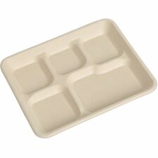 BluTable 8"x10" 5-Compartment Lunch Trays Food - Natural - Molded Fiber, Sugarcane Fiber Body - 500 / Carton