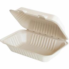 BluTable 27 oz Portable Clamshell Containers Food - Natural - Molded Fiber, Sugarcane Fiber Body - 250 / Carton