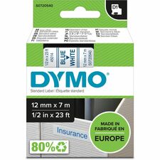 Dymo D1 Electronic Tape Cartridge 1/2" Width x 23 ft Length - Blue, White - Easy Peel, Durable - 1 Each
