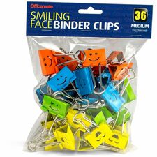 Officemate Smiling Face Binder Clips, Medium, Asst Color, 36 Pcs Medium - 6.3" Length x 1.3" Width - for Binder, Classroom, Home, Office - Assorted, Red, Green, Blue, Yellow - Steel - 36 Piece
