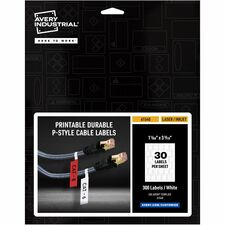 Avery® Cable Labels, P-Style, 1.02" x 3.3" , 300 Total (61540) Waterproof - 1 1/64" Width x 3 19/64" Length - Permanent Adhesive - P-shaped - Laser, Inkjet - White - Film - Durable, Uncoated, Chlorine-free, PVC-free, Tear Resistant, Print-to-the Edge,