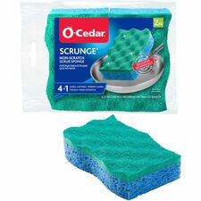 O-Cedar Scrunge Non-Scratch Scrub Sponge 4.2" Width x 2.6" Depth x 4.2" Length - 2 / Pack - Cellulose, Synthetic Fiber - Multi, Blue, Green