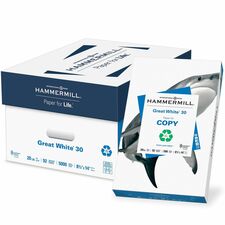 Hammermill Great White 30 Copy Paper 92 Brightness - 88% Opacity - 8 1/2" x 14" - 20 lb Basis Weight - 75 g/m² Grammage - Acid-free, Jam-free - White - 500 Sheets per Ream - 10 / Carton