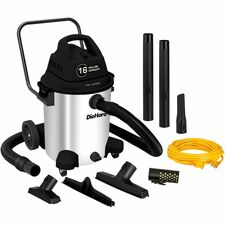 DieHard 16-Gallon 6.5 HP Pro Series Wet/Dry Vacuum 16 gal - Squeegee, Hose, Wand, Filter, Crevice Tool, Pick-up Tool, Floor Tool - Wet Surface, Dry Surface - 35 ft Cable Length - 8 ft Hose Length - Stainless Steel