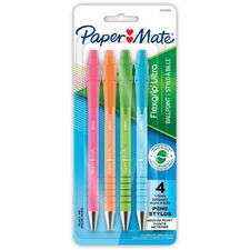 Paper Mate Flexgrip Ultra Recycled Pens 1 mm Medium Pen Point - Retractable - Black Ink - Green Rubberized, Pink, Orange, Blue, Assorted Barrel - 4 / Pack