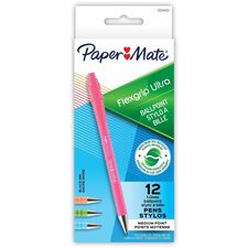 Paper Mate Flexgrip Ultra Recycled Pens 1 mm Medium Pen Point - Retractable - Black Ink - Green Rubberized, Pink, Orange, Blue Barrel - 12 / Box