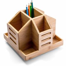 Officemate Bamboo Rotary Desktop Organizer 9 Compartment(s) - 6.30" Height x 13" Width x 8.80" Depth - Rotate, Durable, Desk Space - Natural Wood Grain - Bamboo - 1 Each