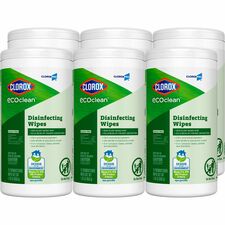 Clorox EcoClean Disinfecting Wipes For Multi Surface, Multipurpose - Ready-To-Use - Wipe - Dye-free, Bleach-free, Ammonia-free, Chemical-free - Green - 75/Tub - 6 / Carton