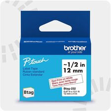 Brother P-touch BTAG-232 Red on White Label Tape x 15/32" Width x 13 1/8 ft Length - Red On White - Water Resistant - Temperature Resistant, Fade Resistant, Dishwasher Safe, Freezer Safe, Microwave Safe, Easy Peel, Removable, Household Liquid Resistant -