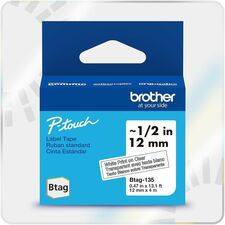 Brother P-touch BTAG-135 White on Clear Label Tape x 15/32" Width x 13 1/8 ft Length - White on Clear - Water Resistant - Temperature Resistant, Fade Resistant, Dishwasher Safe, Freezer Safe, Microwave Safe, Easy Peel, Removable, Household Liquid Resistan