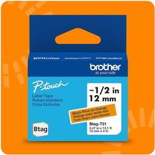 Brother P-touch BTAG-T31 Black on Orange Label Tape x 15/32" Width x 13 1/8 ft Length - Orange - Water Resistant - Temperature Resistant, Fade Resistant, Dishwasher Safe, Freezer Safe, Microwave Safe, Easy Peel, Removable, Household Liquid Resistant - 1 E