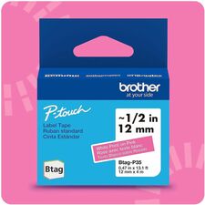 Brother P-touch BTAG-P35 White on Pink Label Tape x 15/32" Width x 13 1/8 ft Length - Pink - Water Resistant - Temperature Resistant, Fade Resistant, Dishwasher Safe, Freezer Safe, Microwave Safe, Easy Peel, Removable, Household Liquid Resistant - 1 Each