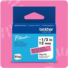 Brother P-touch BTAG-P31 Black on Pink Label Tape x 15/32" Width x 13 1/8 ft Length - Black on Pink - Water Resistant - Temperature Resistant, Fade Resistant, Dishwasher Safe, Freezer Safe, Microwave Safe, Easy Peel, Removable, Household Liquid Resistant
