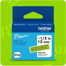 Brother P-touch BTAG-G31 Black on Light Green Label Tape x 15/32" Width x 13 1/8 ft Length - Light Green - Water Resistant - Temperature Resistant, Fade Resistant, Dishwasher Safe, Freezer Safe, Microwave Safe, Easy Peel, Removable, Household Liquid Resis