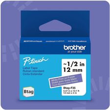 Brother P-touch BTAG-F35 White on Purple Label Tape x 15/32" Width x 13 1/8 ft Length - Purple - Water Resistant - Temperature Resistant, Fade Resistant, Dishwasher Safe, Freezer Safe, Microwave Safe, Easy Peel, Removable, Household Liquid Resistant - 1 E