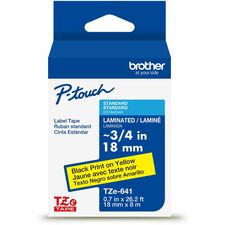 Brother Genuine P-touch TZe641 BK on YL Label Tape, Laminated, 18mmX8m x 45/64" Width - Yellow - Water Resistant - Laminated - Durable, Abrasion Resistant, Chemical Resistant, Grease Resistant, Grime Resistant, Temperature Resistant, Fade Resistant, Split